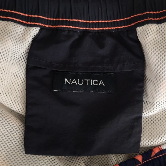 Men's Nautica Swim Shorts Blue & Orange Hawaiian Pattern 3 Pockets Elastic Large - Picture 3 of 3